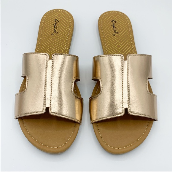 Rose Gold Metallic H Strap Slide Sandals Flat Slip On Summer Shoes - Picture 1 of 8